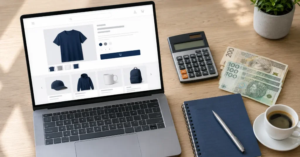 ile-kosztuje-sklep-internetowy-hero - Ile kosztuje sklep internetowy - laptop ze sklepem online, kalkulator i pieniądze symbolizujące koszt e-commerce