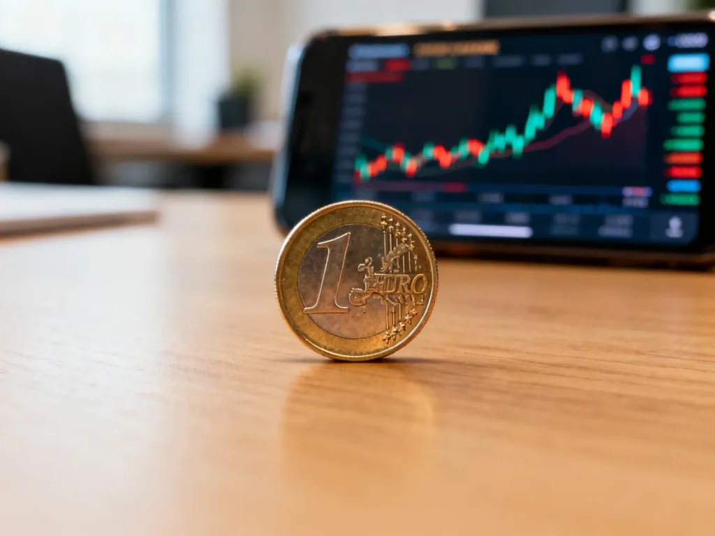 Moneta euro leżąca na drewnianym biurku z rozmytym wykresem kursów walut w tle.
