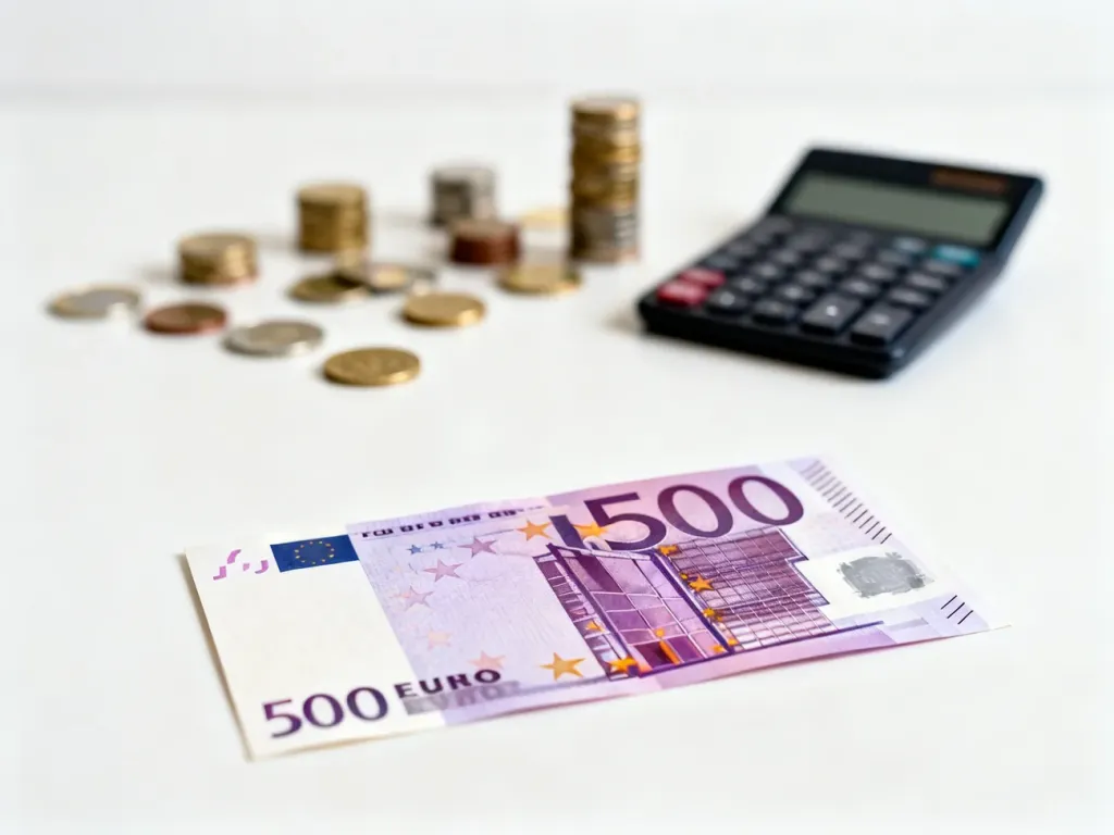 Banknot 500 euro leżący na białym tle obok kalkulatora i monet, ilustrujący przelicznik walut.