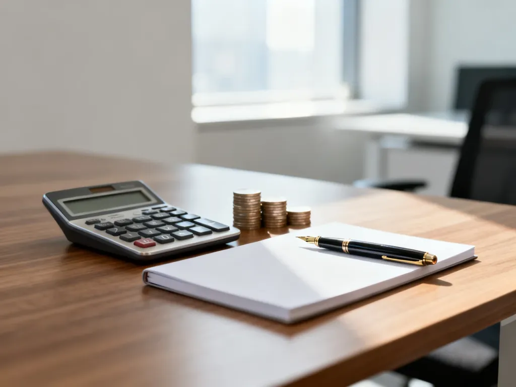 Kalkulator, monety i notatnik na biurku, symbolizujące planowanie finansów i wyliczanie wynagrodzenia.
