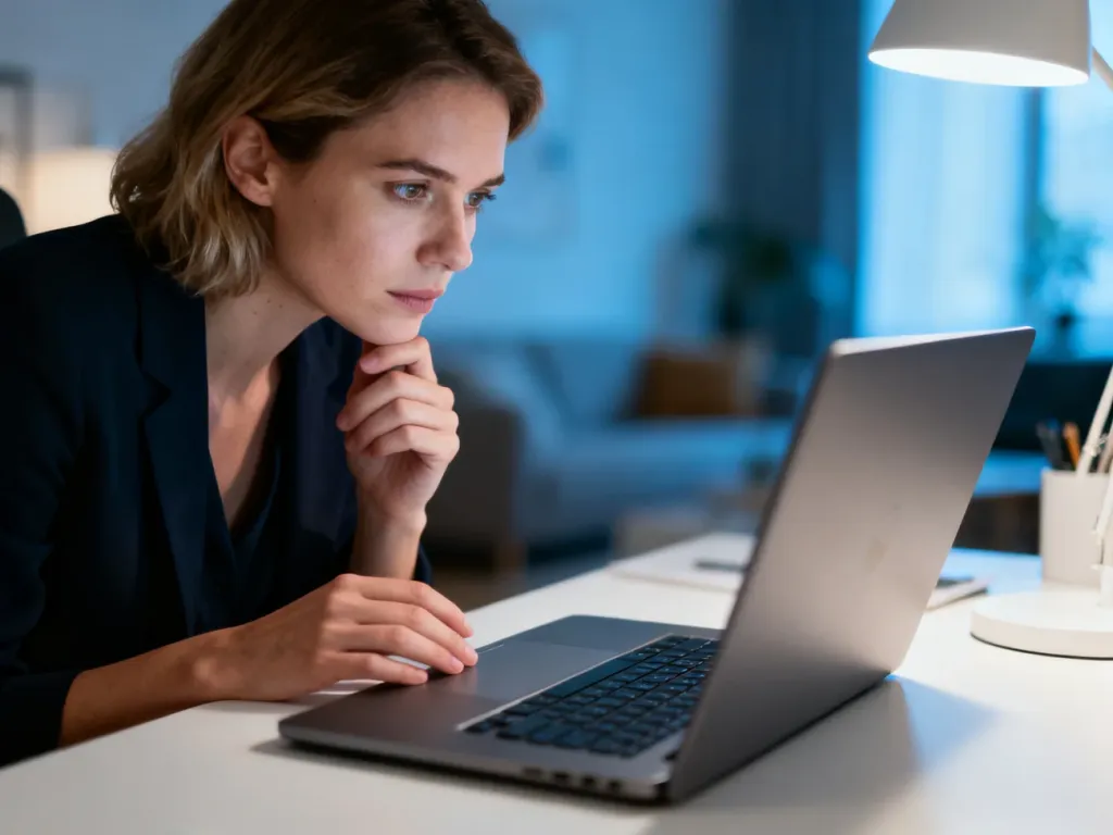 Kobieta skupiona na pracy przy laptopie w nowoczesnym biurze domowym podczas procesu resetowania urządzenia.