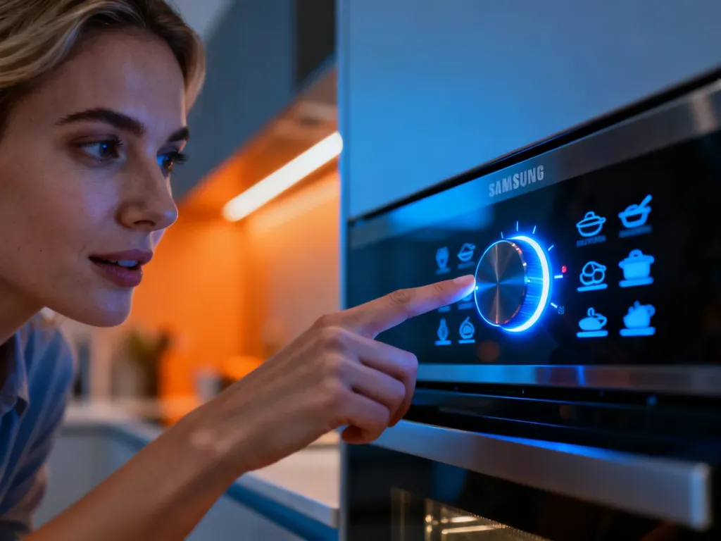 Kobieta wskazuje palcem na podświetlony panel sterowania nowoczesnego piekarnika Samsung, wybierając funkcję pieczenia.