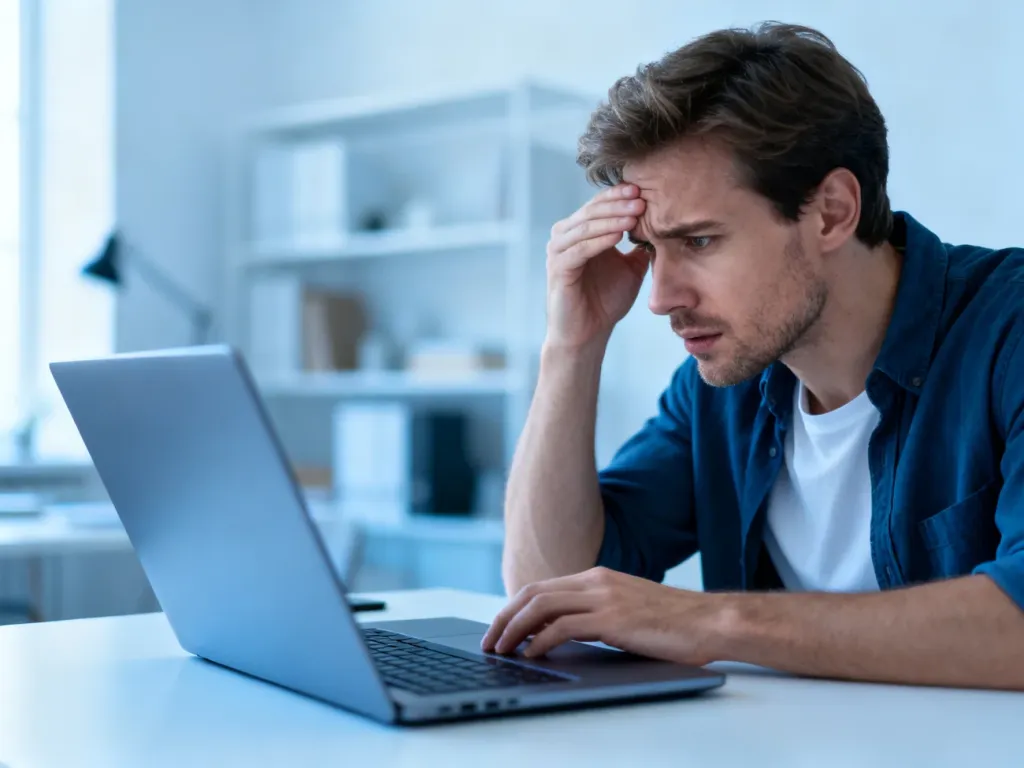 Zirytowany mężczyzna patrzący na ekran laptopa w nowoczesnym biurze, ilustrujący problem z brakiem miejsca na dysku.