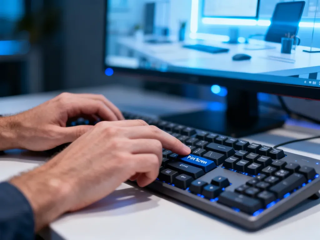 Dłonie naciskające klawisz Print Screen na klawiaturze mechanicznej w celu wykonania zrzutu ekranu.