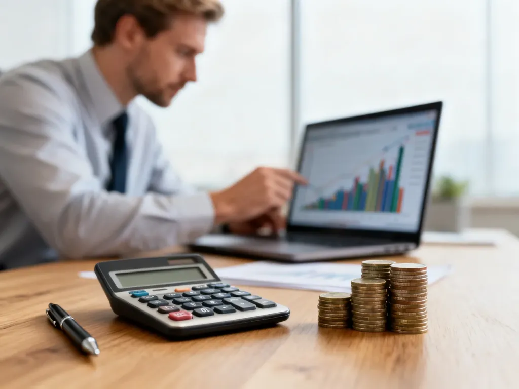 Kalkulator na biurku z monetami i pracownik analizujący wykresy finansowe na laptopie.