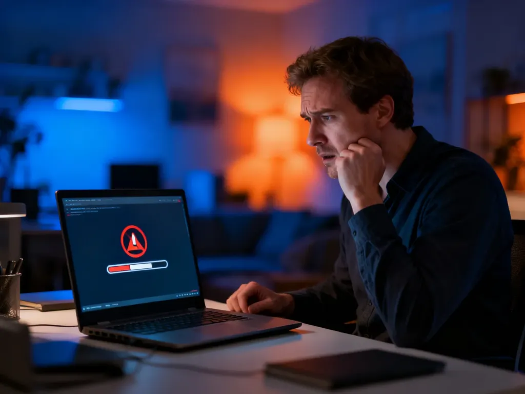 Zirytowany mężczyzna przed laptopem z błędem połączenia, ilustrujący problem z dostępem do strony internetowej.
