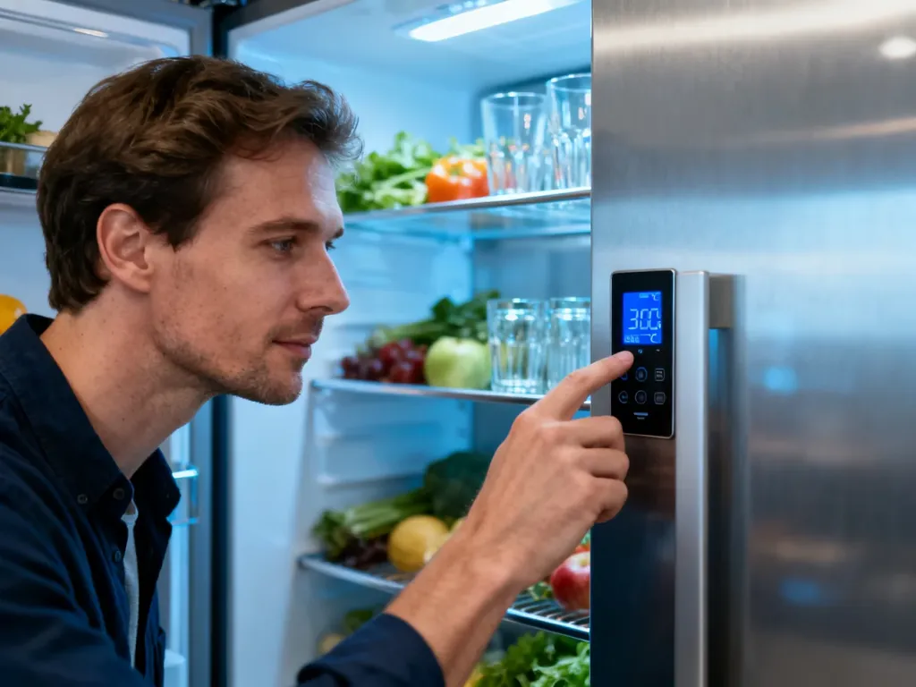 Mężczyzna ustawia temperaturę na cyfrowym panelu wewnątrz nowoczesnej lodówki Samsung.