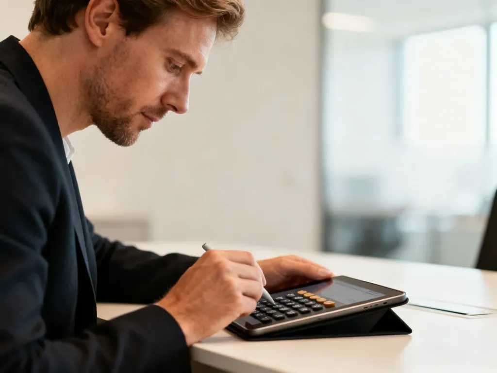 Mężczyzna w nowoczesnym biurze oblicza finanse na tablecie, analizując wysokość wynagrodzenia.
