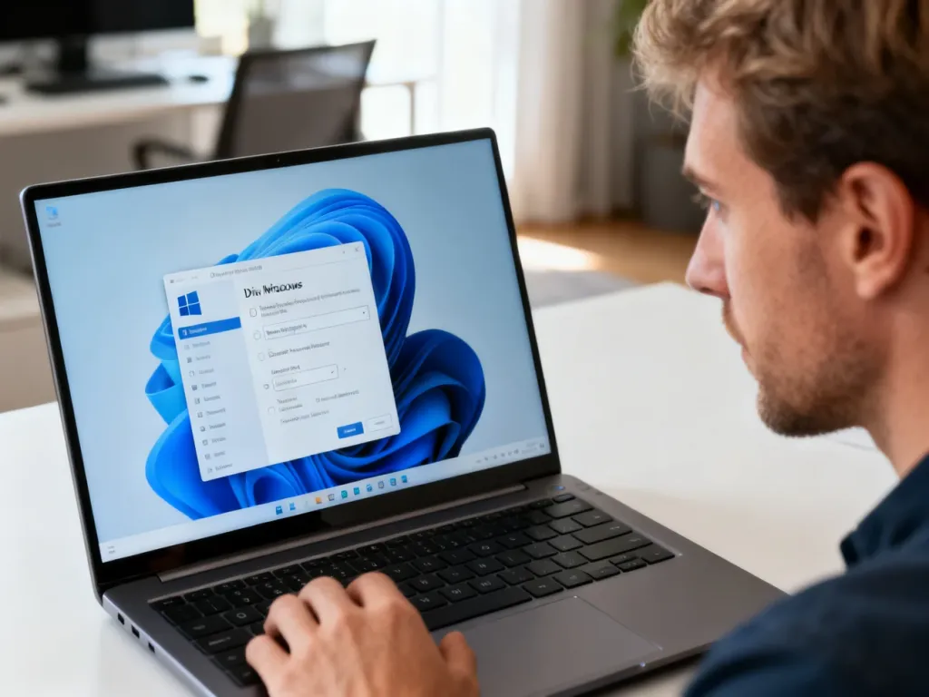 Mężczyzna pracujący przy laptopie z otwartym oknem zarządzania dyskami w systemie Windows 11.