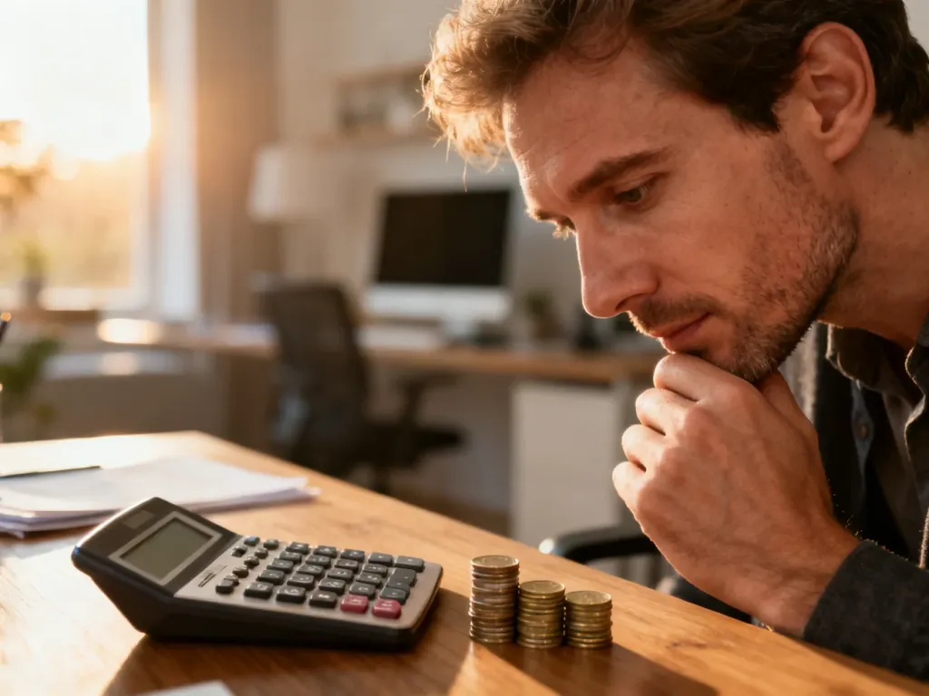 Mężczyzna przy biurku z kalkulatorem i monetami, analizujący domowy budżet i obliczenia finansowe.