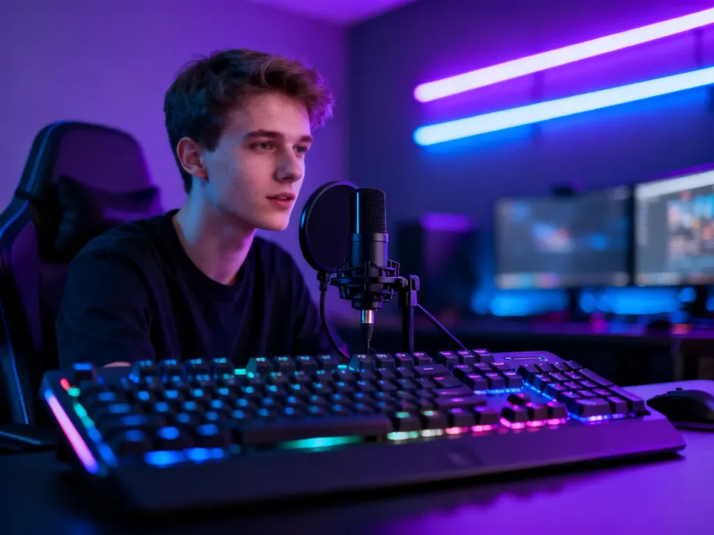 Młody streamer w profesjonalnym pokoju gamingowym z podświetlaną klawiaturą i mikrofonem, gotowy do rozpoczęcia transmisji.