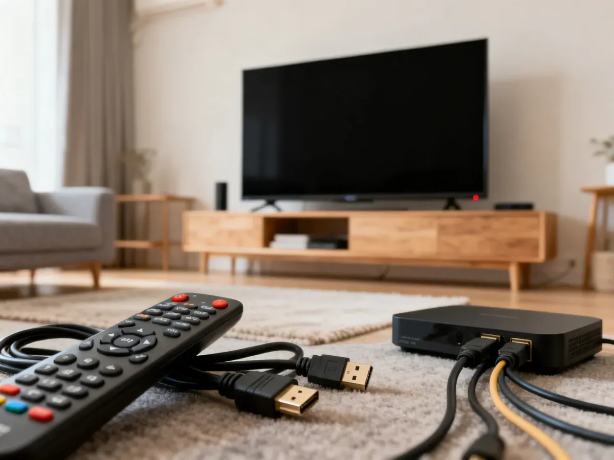 Telewizor z czarnym ekranem, kablami HDMI i dekoderem w salonie