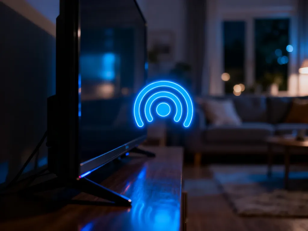 Ikona cyfrowego sygnału unosząca się obok ekranu telewizora, symbolizująca połączenie bezprzewodowe Bluetooth.