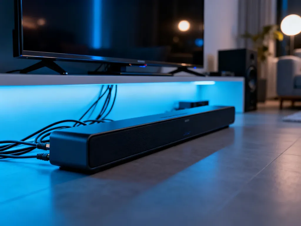 Nowoczesny soundbar umieszczony pod telewizorem 4K, zapewniający wysoką jakość dźwięku w domowym kinie.
