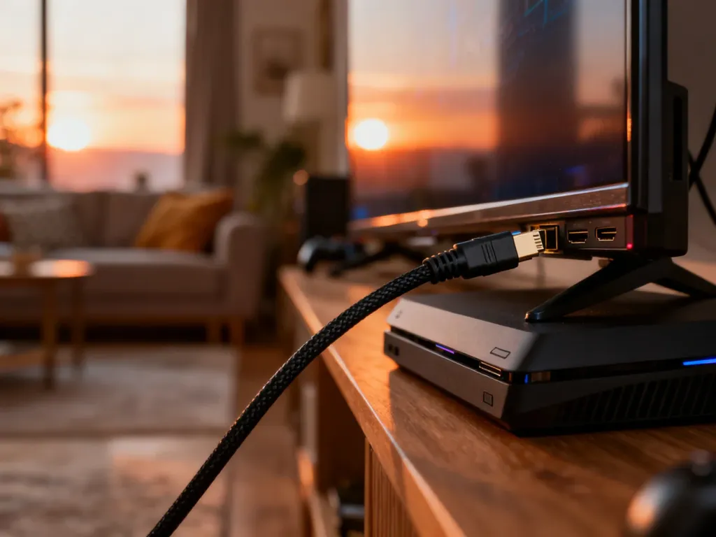 Kabel HDMI podłączony do konsoli i telewizora 4K w przytulnym salonie, ilustrujący proces łączenia urządzeń.