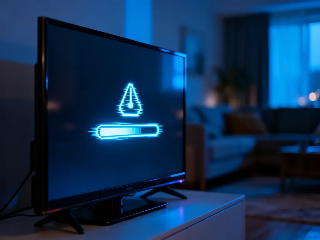Nowoczesny telewizor z zaciętą ikoną ładowania na ciemnym ekranie, symbolizujący błąd pętli restartowania.