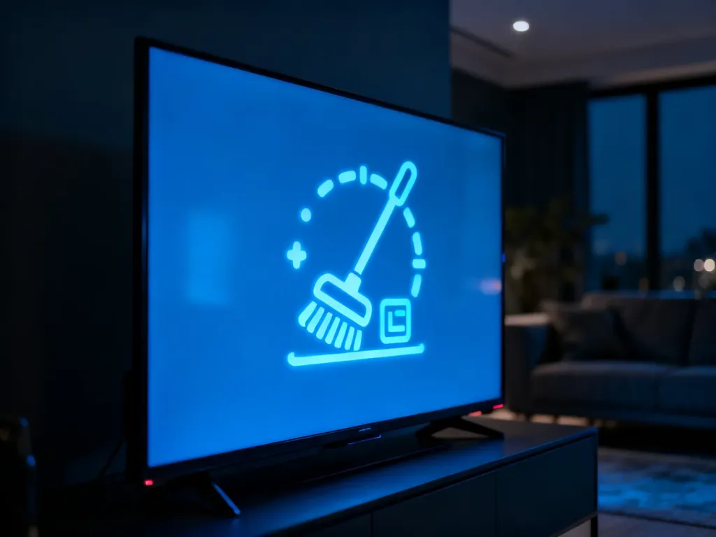 Ikona cyfrowego czyszczenia na ekranie nowoczesnego telewizora, symbolizująca proces usuwania pamięci podręcznej.
