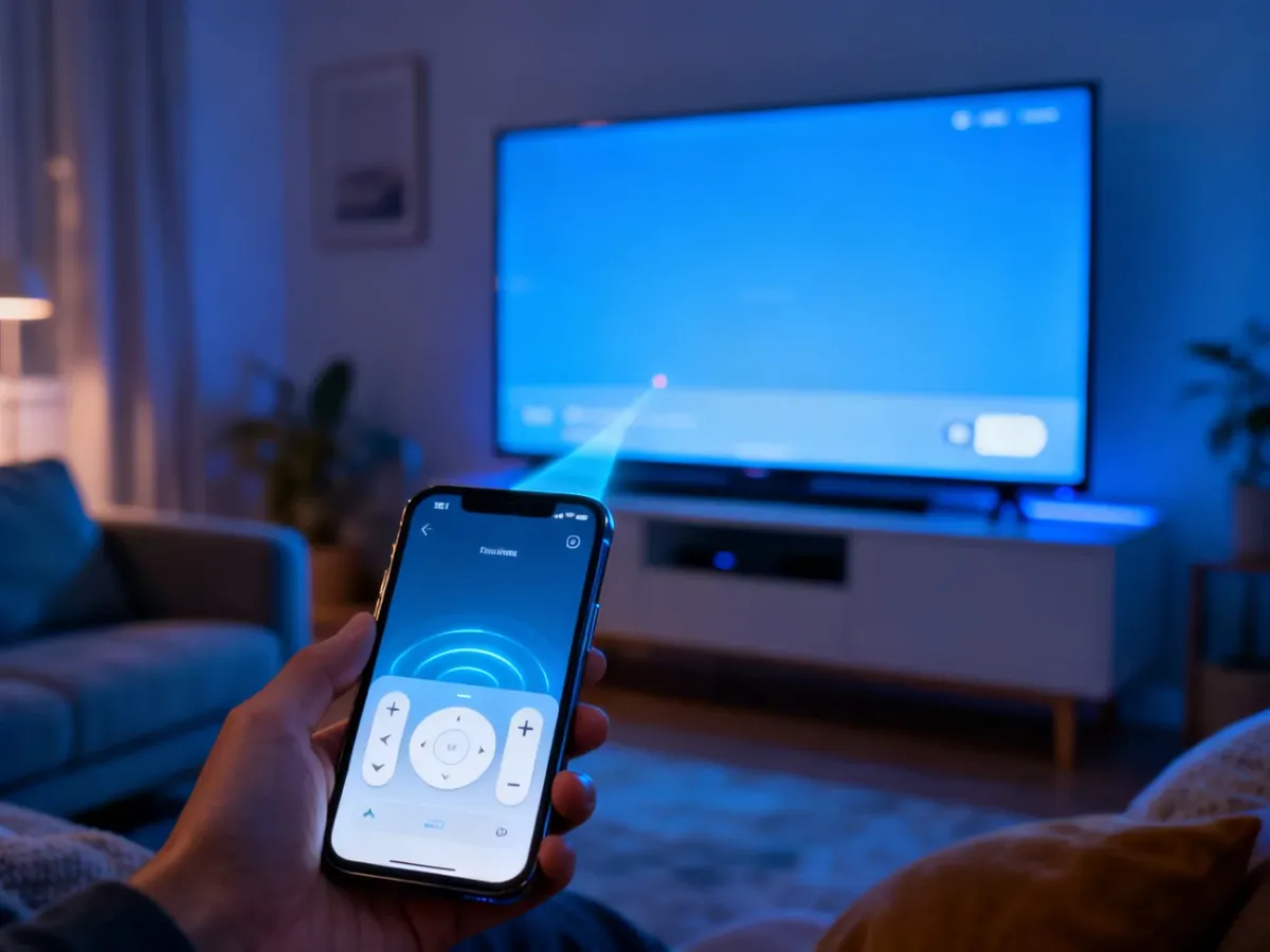 Smartfon z wirtualnym pilotem skierowany w stronę telewizora Smart TV