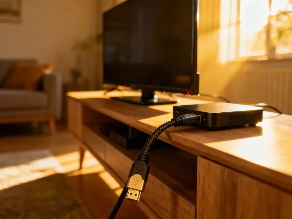 Nowoczesny dekoder połączony kablem HDMI z telewizorem na drewnianej szafce w przytulnym salonie.