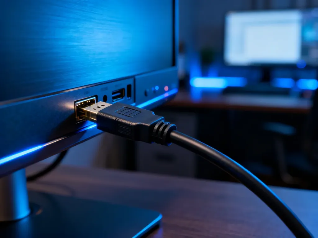 Wtyczka kabla HDMI wsuwana do portu nowoczesnego monitora w profesjonalnym biurze.