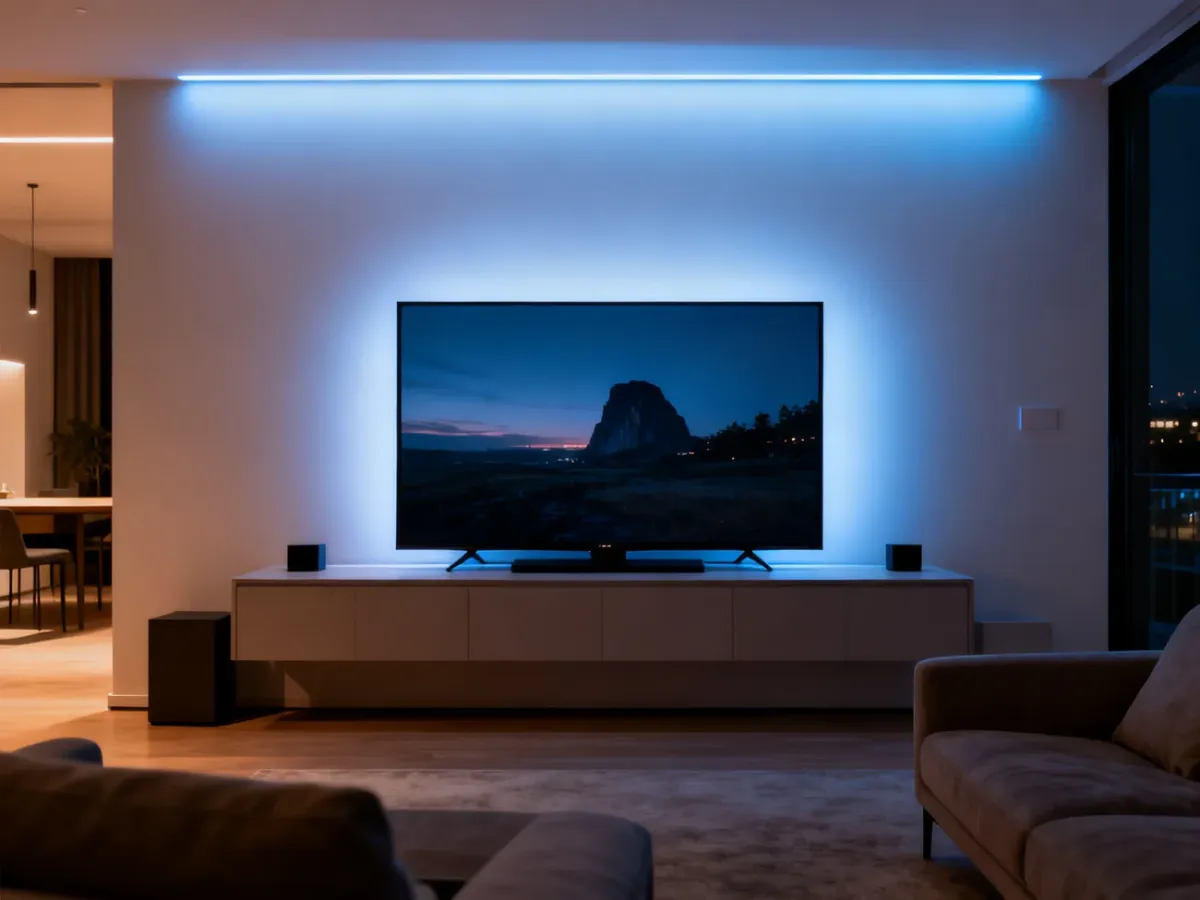 Telewizor z równomierną delikatną łuną podświetlenia na ścianie