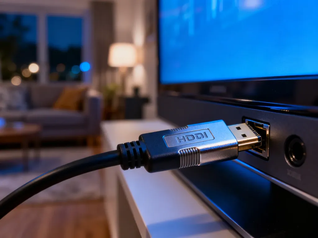Wtyczka kabla HDMI wpięta do portu telewizora, ilustrująca połączenie urządzenia z odbiornikiem.
