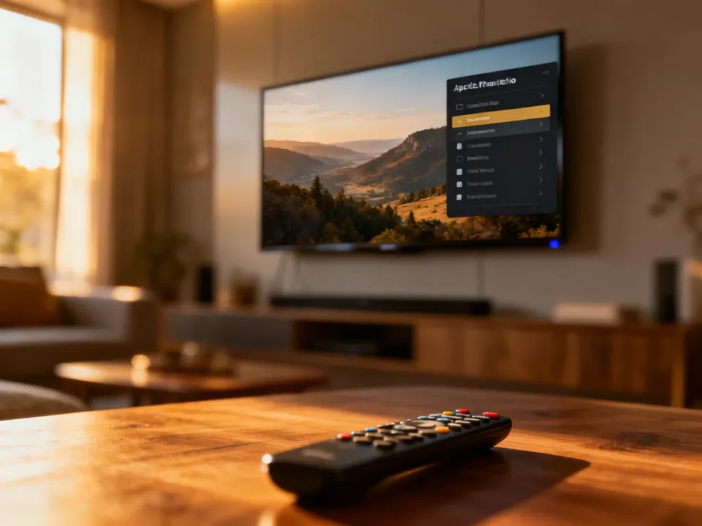 Nowoczesny telewizor z wyświetlonym menu ustawień formatu obrazu w przytulnym salonie.