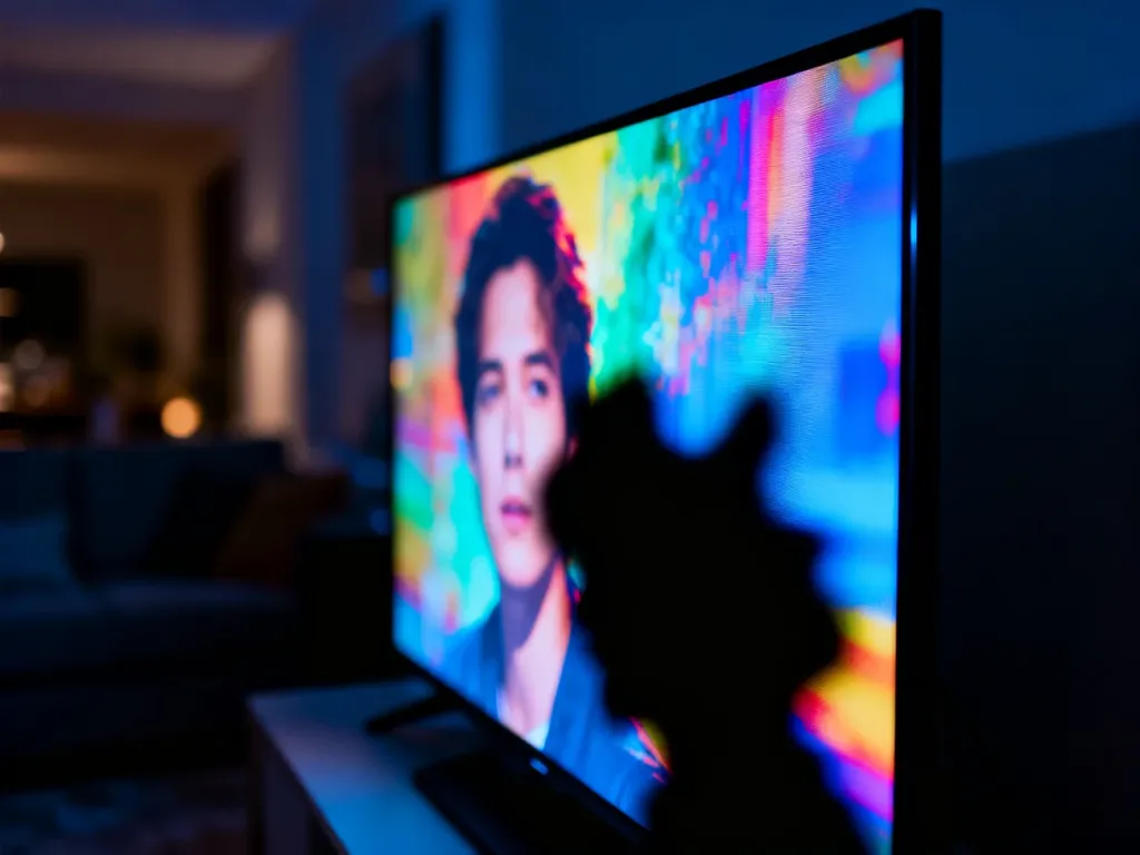 Ekran nowoczesnego telewizora z widocznymi ciemnymi plamami, wskazującymi na awarię modułów podświetlenia LED.