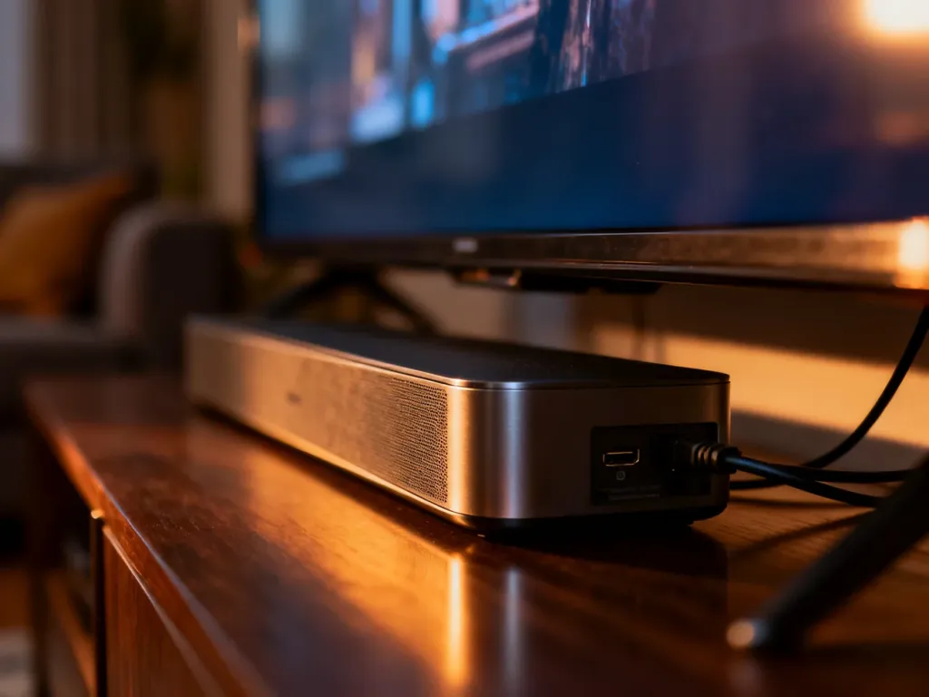 Nowoczesny soundbar umieszczony pod telewizorem w salonie, obrazujący sprzęt audio wymagający sprawdzenia połączeń.