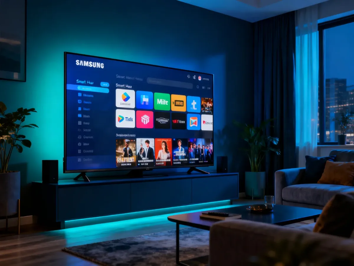 Telewizor Samsung z interfejsem Smart Hub w nowoczesnym salonie
