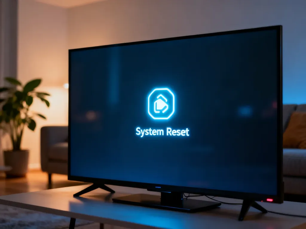 Ikona resetowania systemu na ekranie nowoczesnego telewizora w przytulnym salonie.