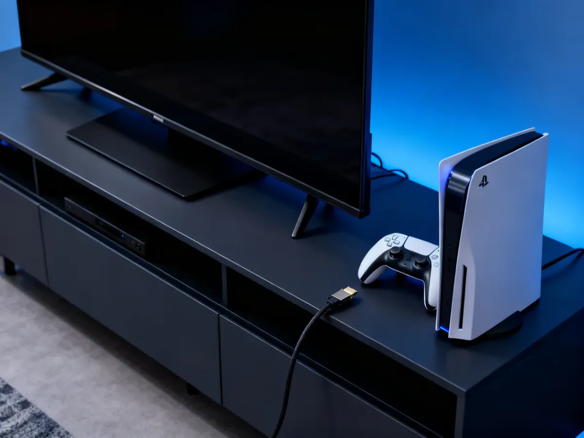 Telewizor 4K, konsola do gier i kabel HDMI w nowoczesnym zestawie domowej rozrywki