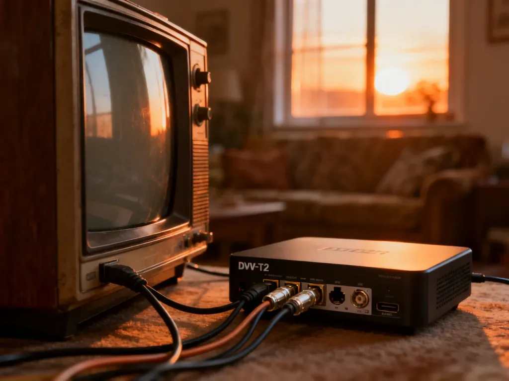 Nowoczesny tuner DVB-T2 podłączony do starego telewizora kineskopowego w przytulnym salonie.
