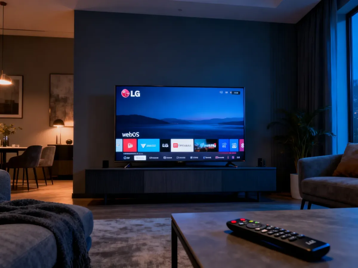 Telewizor LG z interfejsem webOS i dolnym paskiem aplikacji