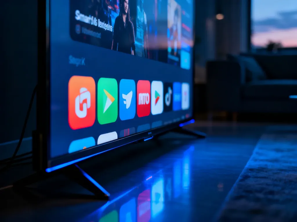 Ekran nowoczesnego telewizora Smart TV z widocznymi ikonami aplikacji w przyciemnionym salonie.