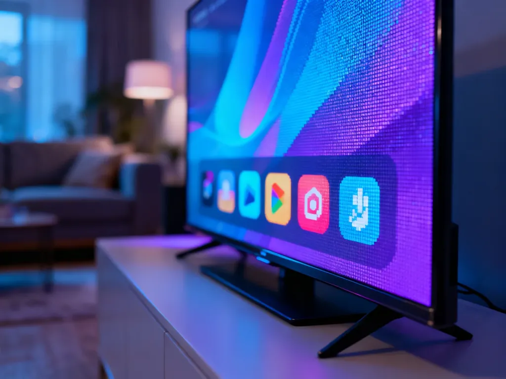 Nowoczesny ekran telewizora smart TV z kolorowym interfejsem systemu operacyjnego w minimalistycznym stylu.