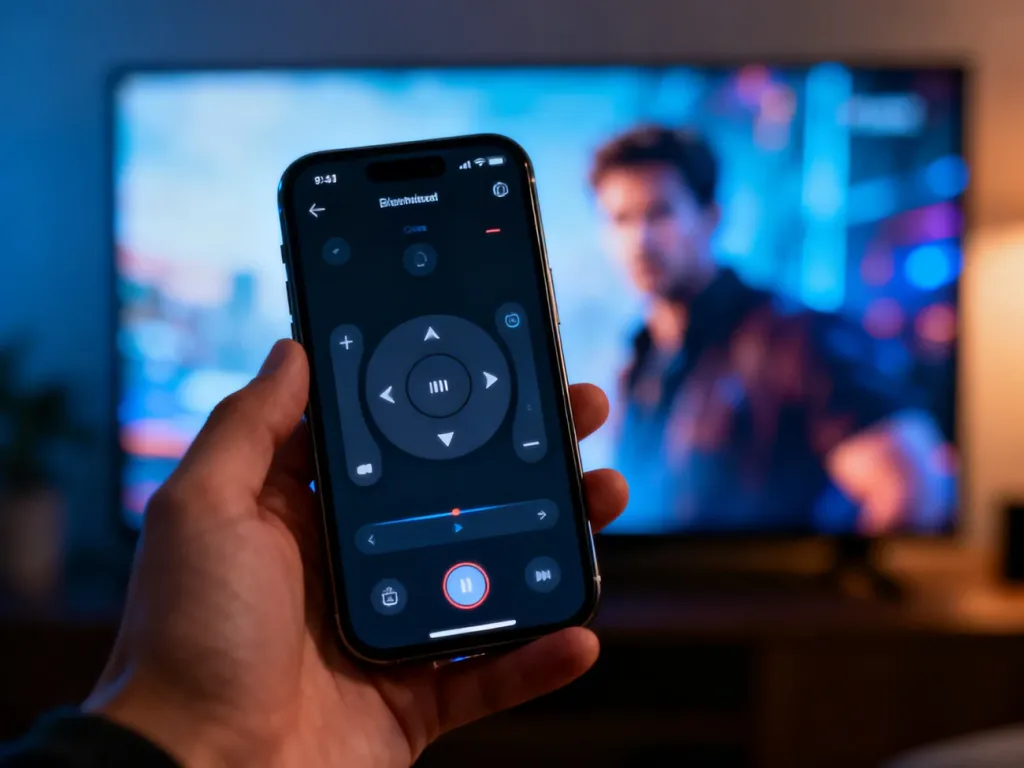 Dłoń trzymająca smartfon z aplikacją do sterowania telewizorem, widocznym w tle jako rozmyty ekran.