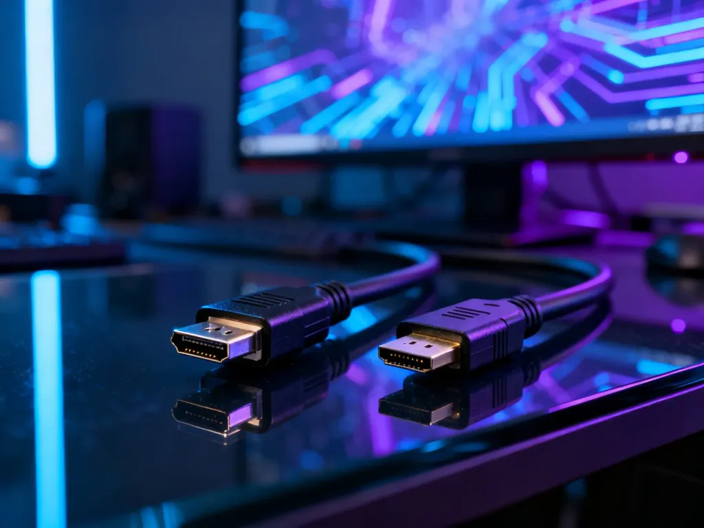 Dwa kable HDMI leżące na szklanym biurku na tle włączonego monitora, podkreślające nowoczesną technologię przesyłu obrazu.