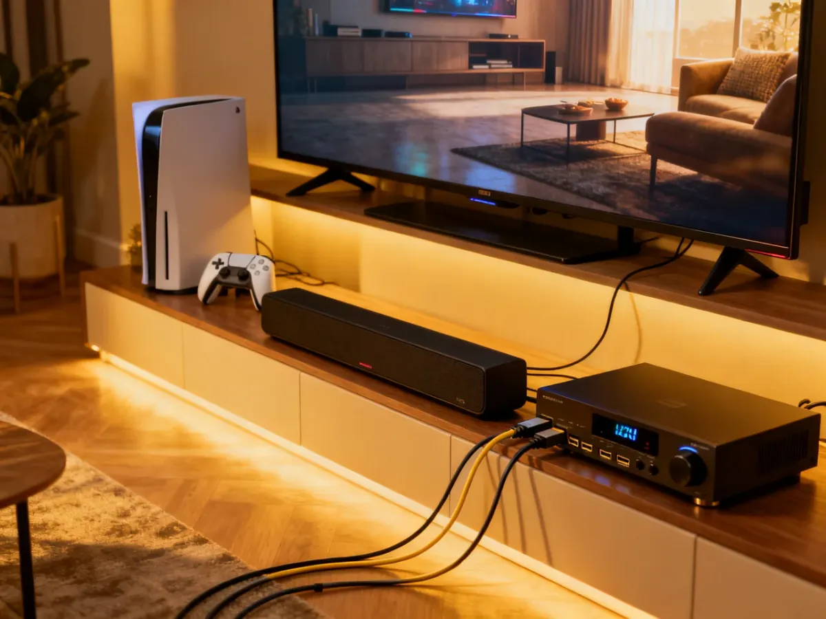 Domowy zestaw RTV z telewizorem, konsolą, soundbarem i amplitunerem połączonymi przez HDMI