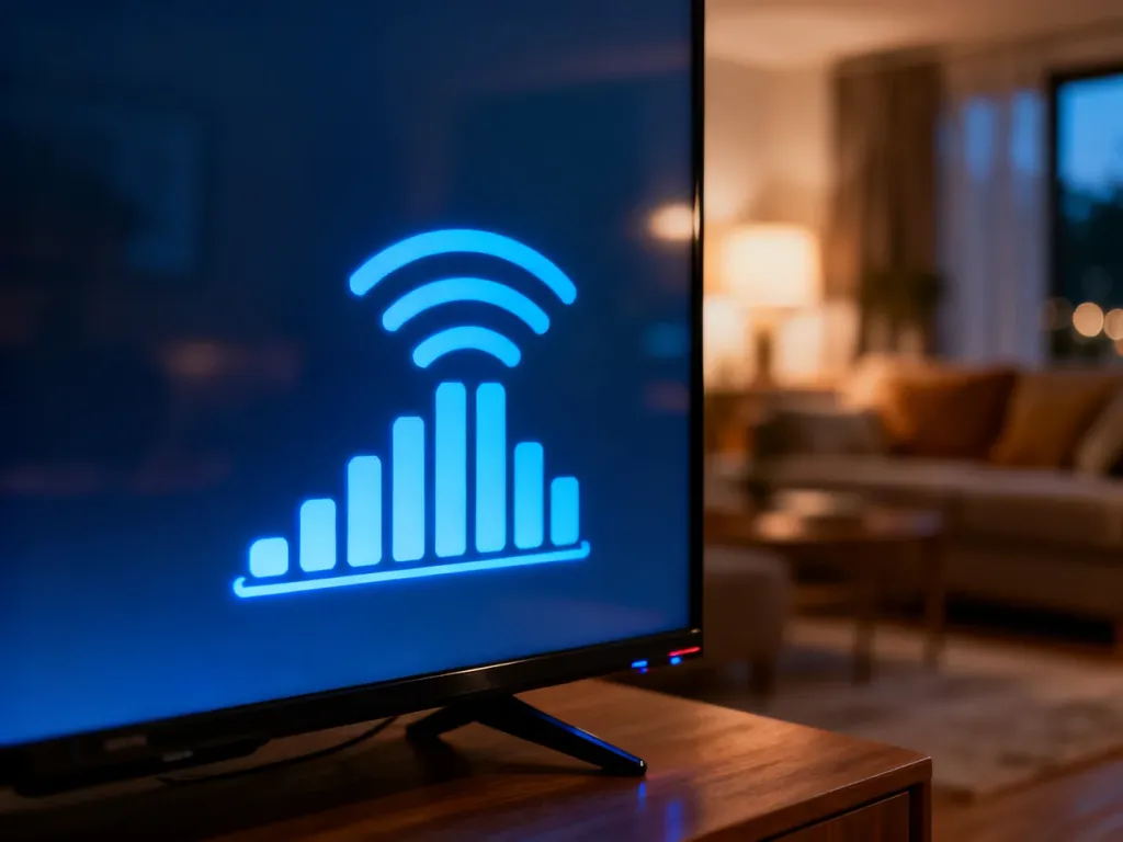 Ikona pełnego zasięgu Wi-Fi na ekranie telewizora, symbolizująca stabilne połączenie z siecią w domowym wnętrzu.