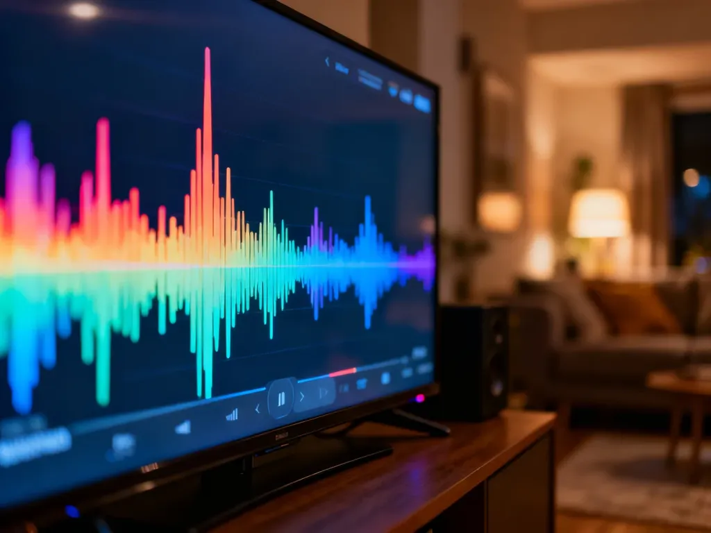 Nowoczesny telewizor wyświetlający kolorową falę dźwiękową w przytulnym salonie.