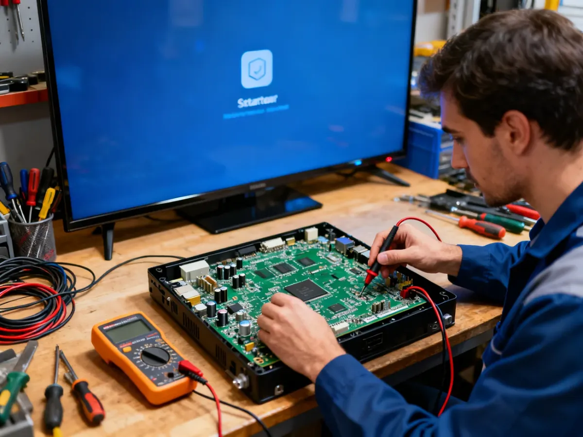 Technik diagnozujący płytę główną telewizora na stanowisku serwisowym