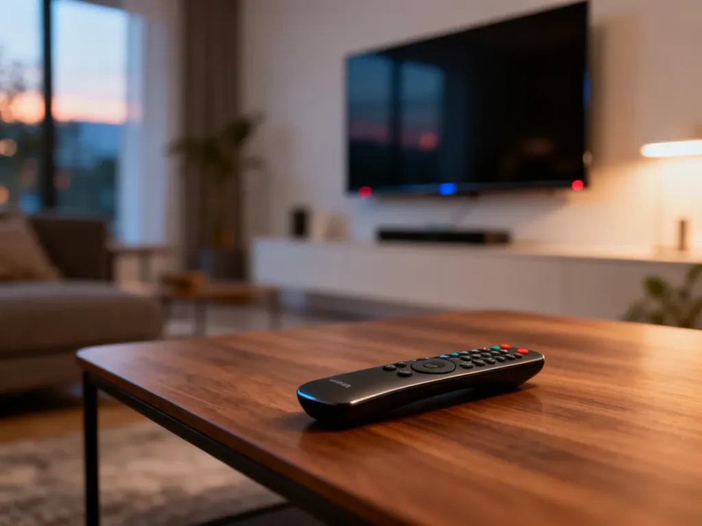 Nowoczesny telewizor 4K zawieszony na ścianie w minimalistycznym salonie oraz pilot leżący na drewnianym stoliku.
