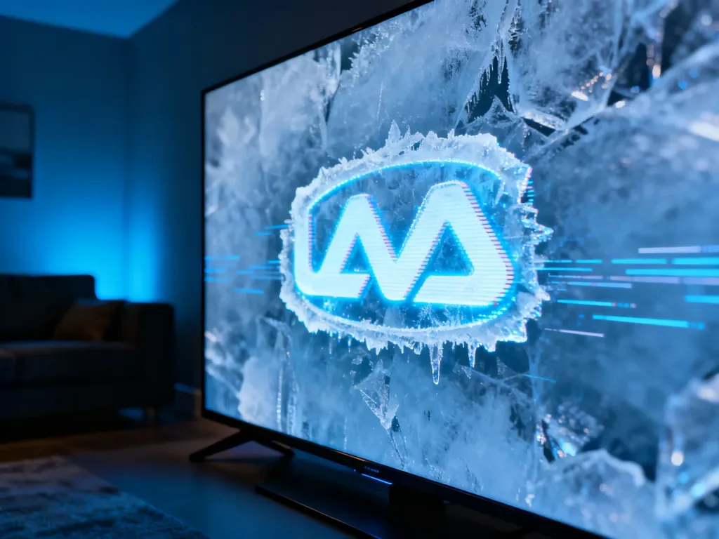 Nowoczesny telewizor z zawieszonym logo marki na ekranie, sygnalizujący problem z uruchomieniem urządzenia.
