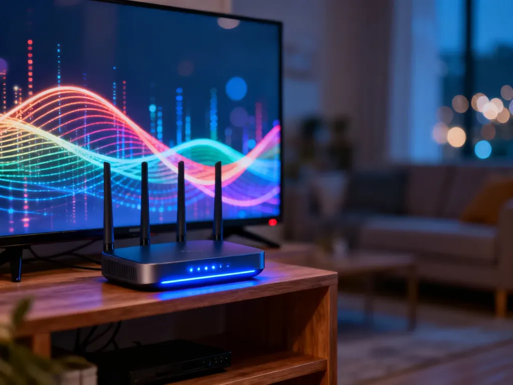 Nowoczesny router Wi-Fi z migającymi diodami obok telewizora wyświetlającego cyfrową falę sygnału sieciowego.