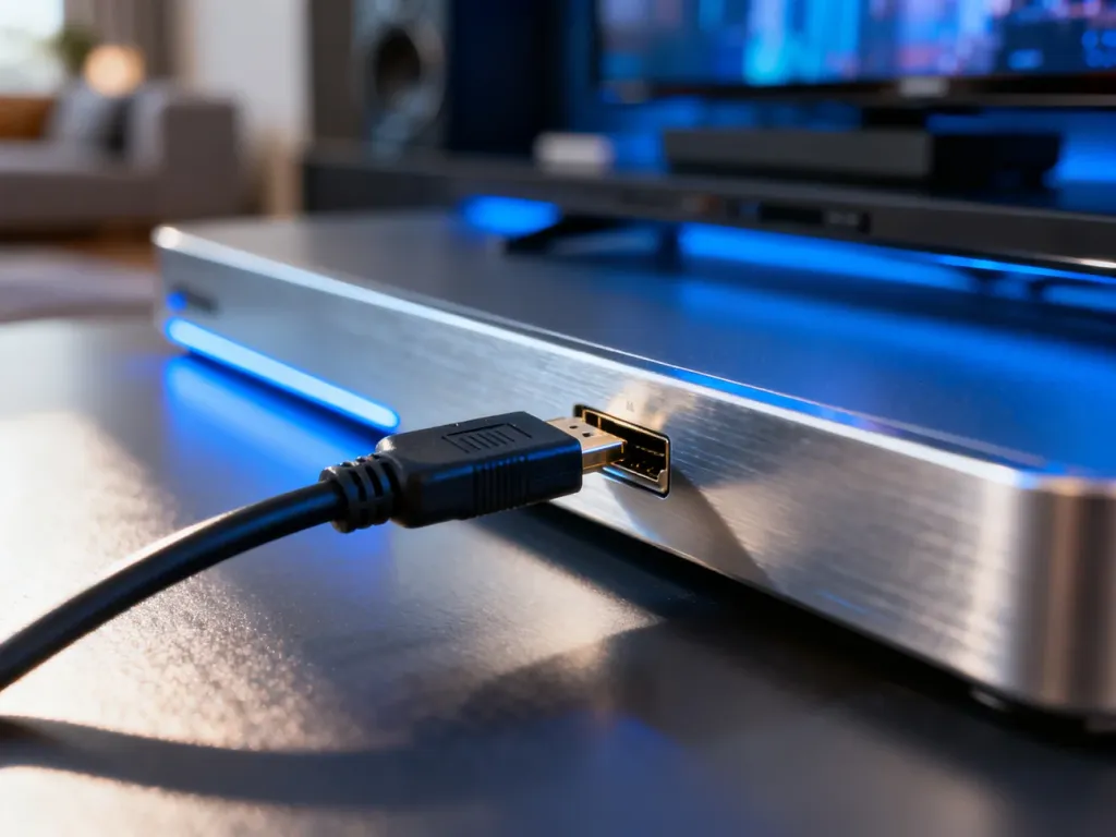 Wtyczka kabla HDMI wpięta do portu nowoczesnego telewizora w domowym kinie z nastrojowym podświetleniem.