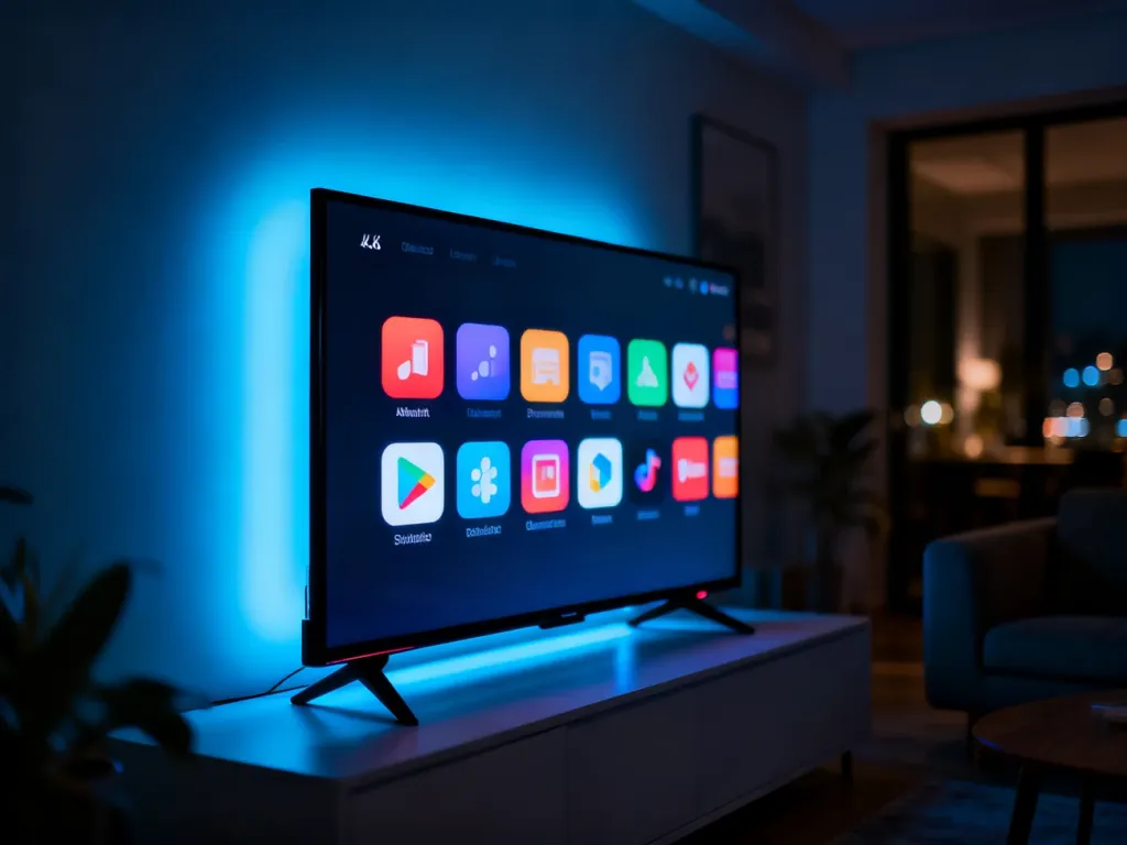 Nowoczesny telewizor LG z podświetleniem LED wyświetlający kolorowy interfejs systemu webOS w przyciemnionym salonie.
