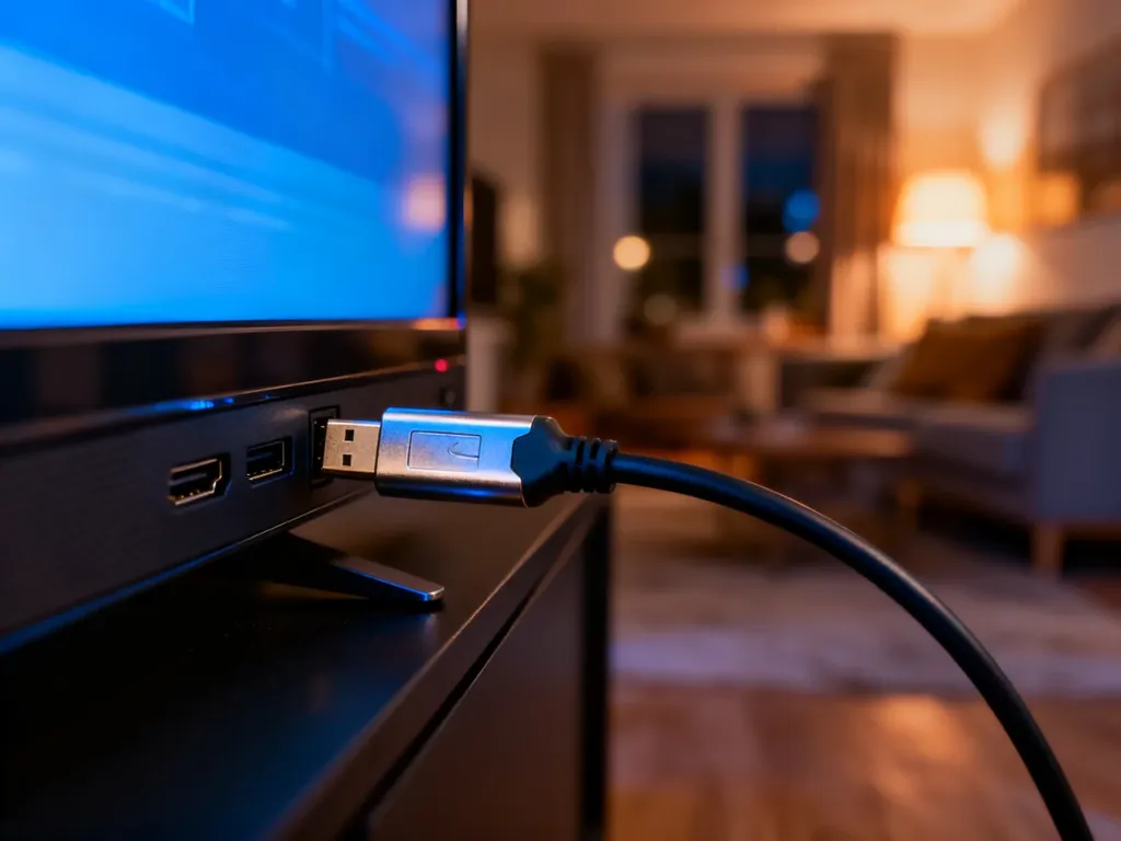 Kabel HDMI wpinany do portu telewizora. Zbliżenie na złącze w nowoczesnym odbiorniku w domowym wnętrzu.