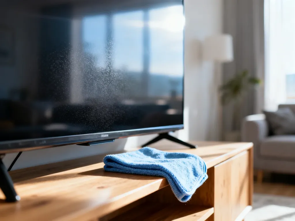 Krystalicznie czysty ekran nowoczesnego telewizora z ściereczką z mikrofibry leżącą na półce w tle.