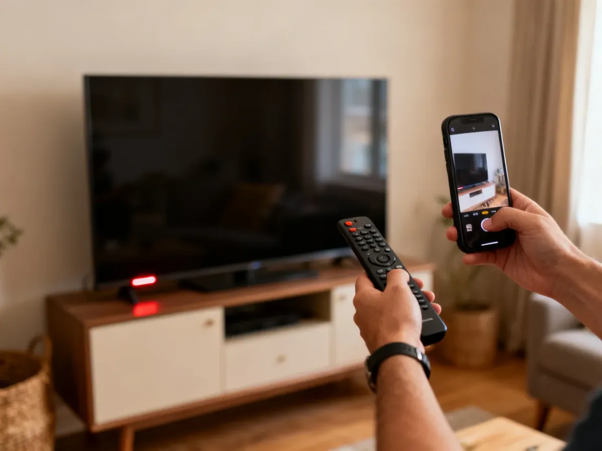 Osoba sprawdzająca pilot smartfonem przy telewizorze z migającą diodą